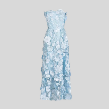 Layered Sheer Dress With Fitted Waist And Floral Appliques - Light Blue