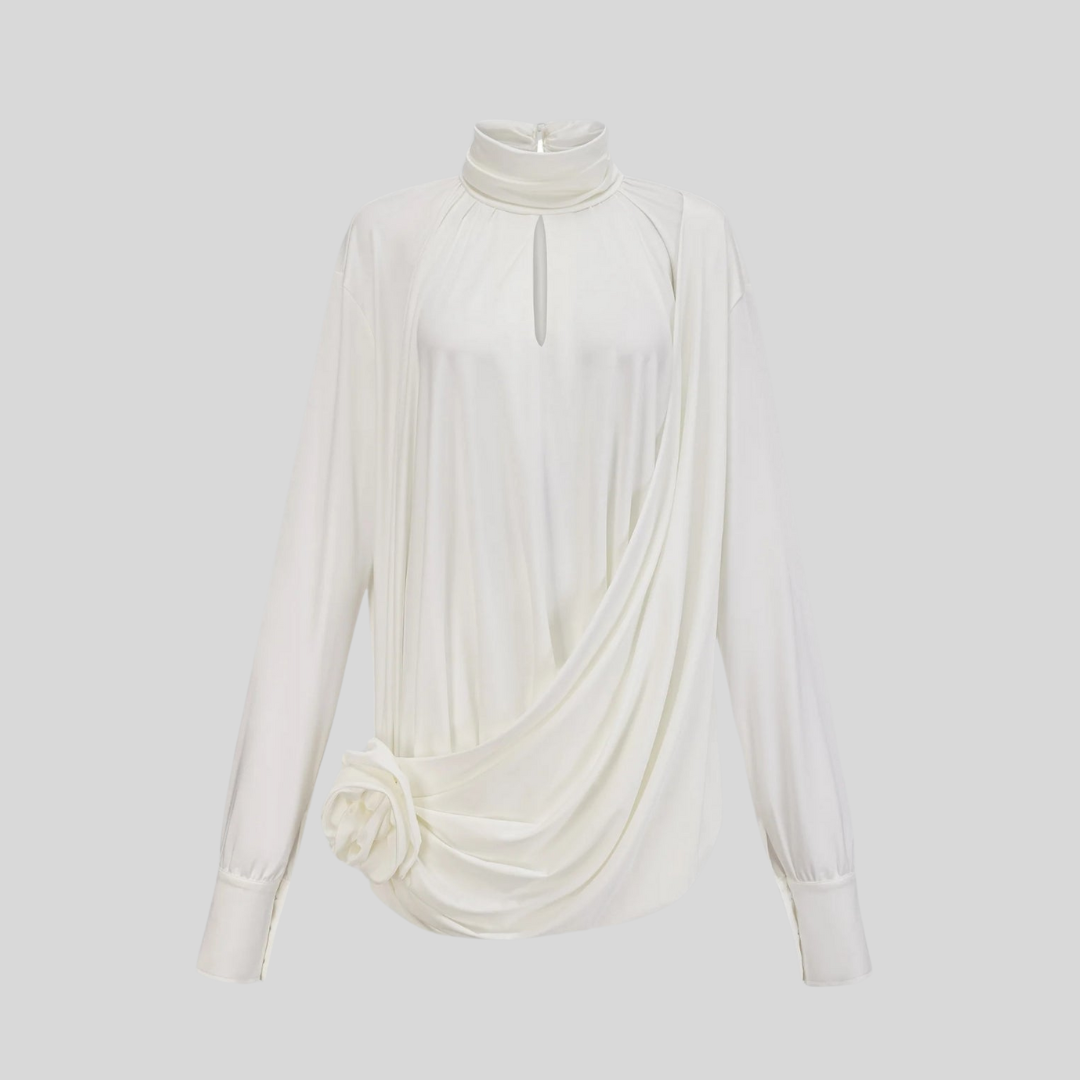 Elegant High-Collar Dress With Draped Details And Side Rose Embellishment - Ivory