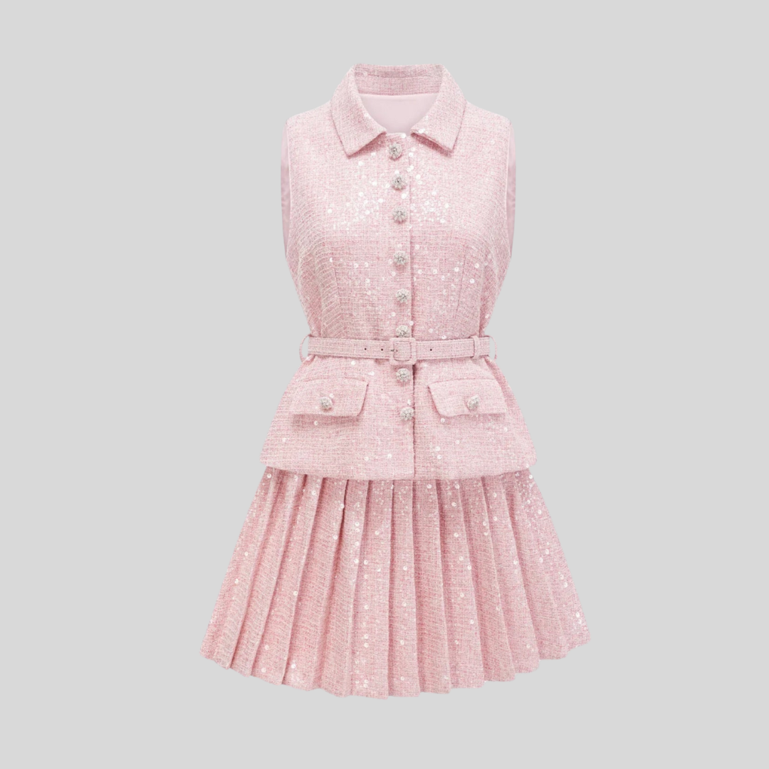 Sleeveless Textured Mini Dress With Pleated Skirt And Waistbelt - Pink