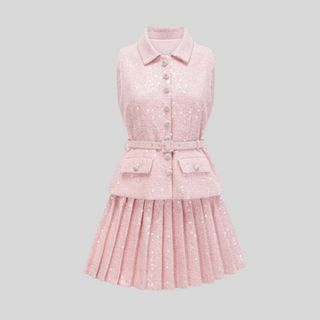 Sleeveless Textured Mini Dress With Pleated Skirt And Waistbelt - Pink