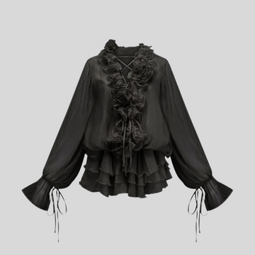 Flowing Sheer Dress With Floral Appliques And Long Puffy Sleeves - Black - Ivory