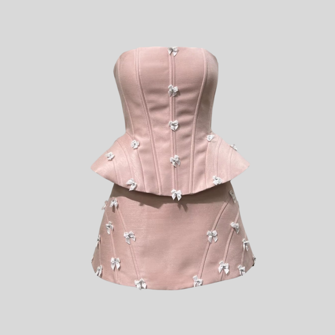Elegant Set With Peplum Silhouette Top And Mini Skirt - Pink