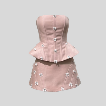 Elegant Set With Peplum Silhouette Top And Mini Skirt - Pink