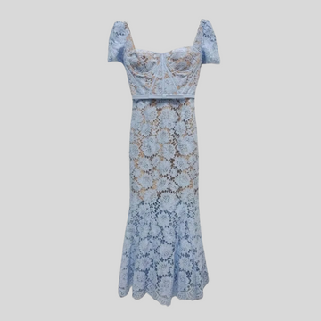 Short Sleeved Lace Dress With Delicate Matching Waist Belt - Blue - White
