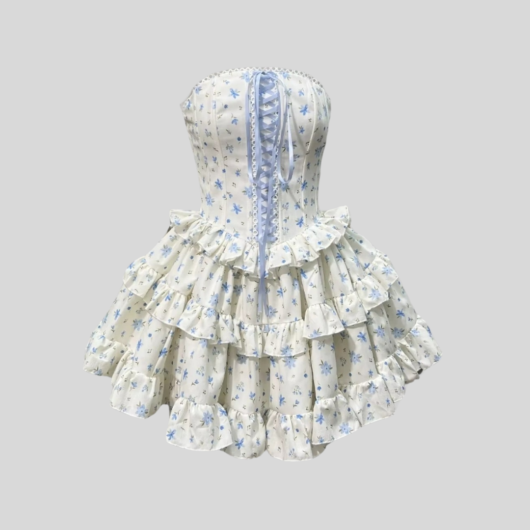 Corset Mini Dress With Ribbon Lacing Detail And Multi-Layered Ruffled Skirt - White/Blue - White/Pink