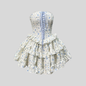 Corset Mini Dress With Ribbon Lacing Detail And Multi-Layered Ruffled Skirt - White/Blue - White/Pink