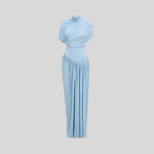 Elegant 3-Piece Maxi Dress With Ruched Details And Draping Skirt - Light Blue - Navy Blue
