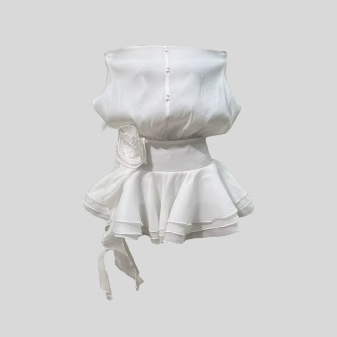 Elegant Mini Dress With Peplum Hem And Rosette Waist Embellishment - Beige - White - Black
