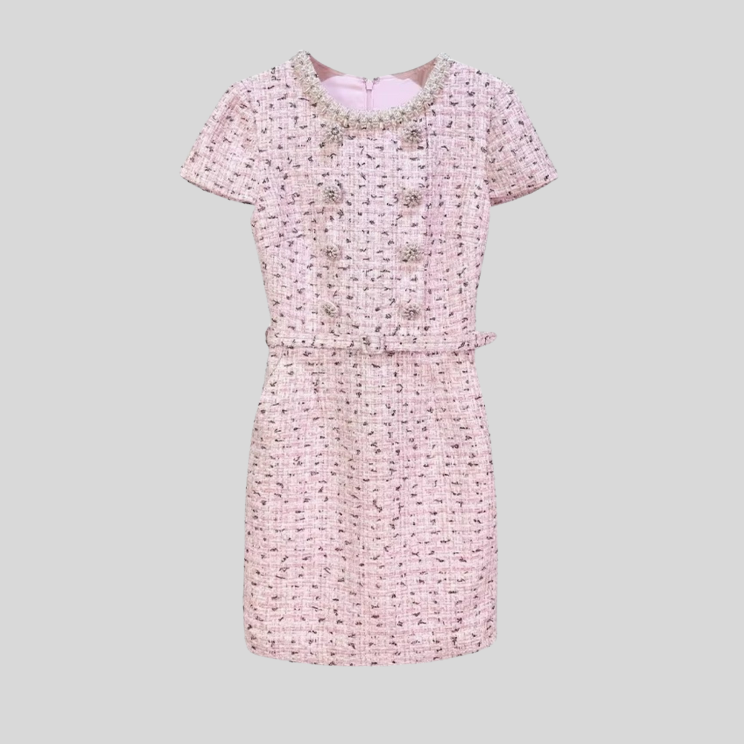 Elegant Textured Mini Dress With Short Sleeves And Matching Belt - Pink
