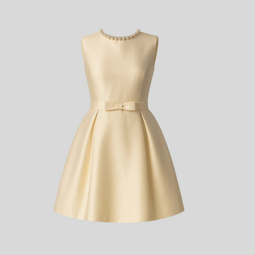 Elegant Fitted Dress With Pearl-Embellished Round Neckline And Bow Waistline Accent - Ivory
