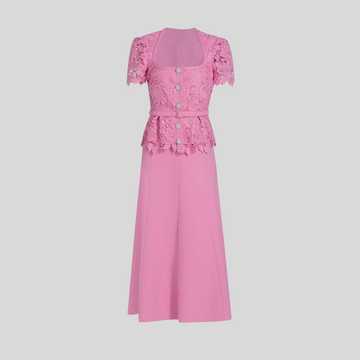Elegant Dress With Lace Top, Matching Belt And Coordinated Skirt - Pink