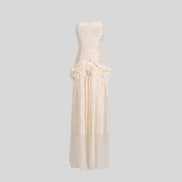Elegant Ruched Gown With Fitted Bodice And Ruffled Waistline - Ivory