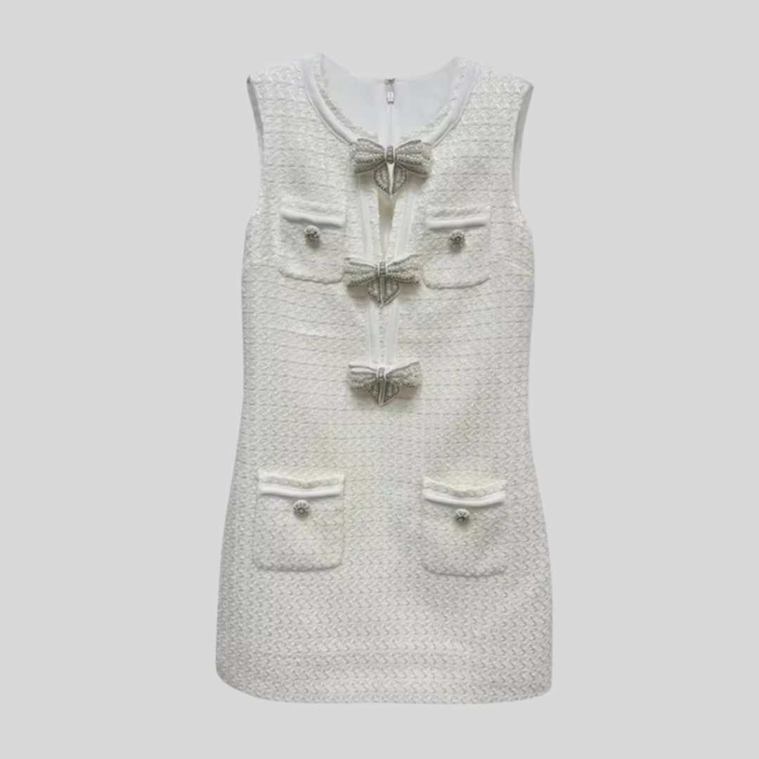 Textured Sleeveless Dress With Metal Embellished Bows - White