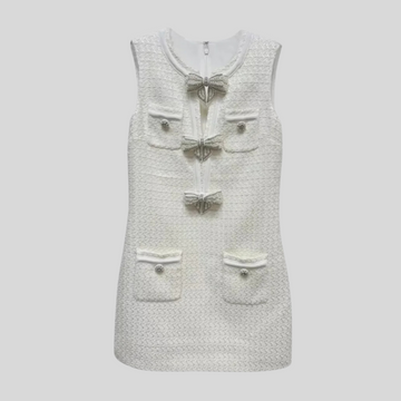 Textured Sleeveless Dress With Metal Embellished Bows - White