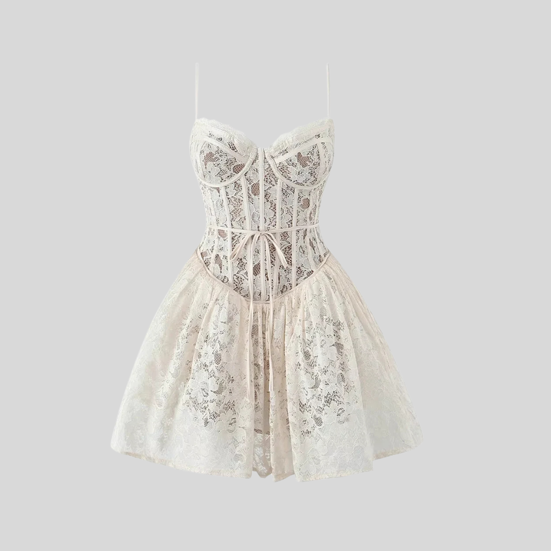 Elegant Lace Strapless Dress With Fitted Bodice And Flared Skirt - White