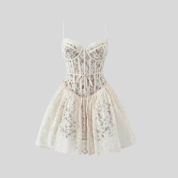 Elegant Lace Strapless Dress With Fitted Bodice And Flared Skirt - White