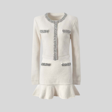 Soft Co-ord Set With Long Sleeves, Mini Skirt And Sparkling Embellishments - White