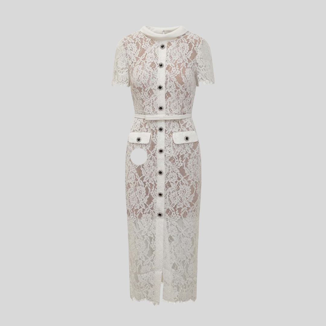 Elegant Short Sleeve Lace Dress With Matching Waist Belt - White - Pink