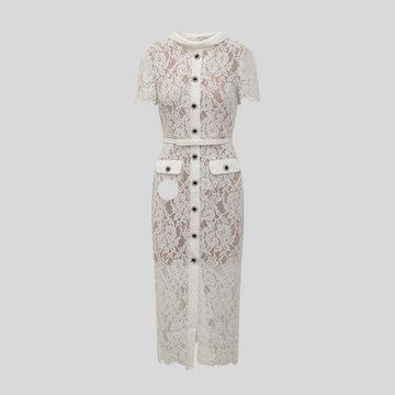 Elegant Short Sleeve Lace Dress With Matching Waist Belt - White - Pink
