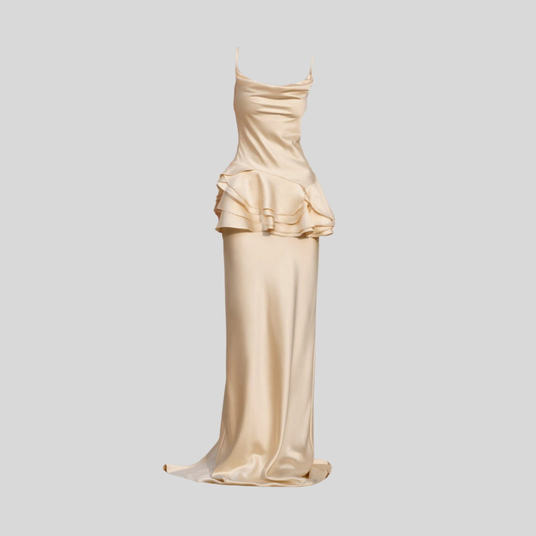 Sleeveless Satin Gown With Layered Peplum Waistline - Ivory