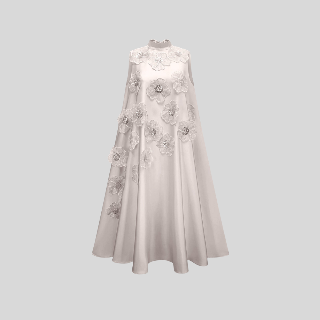 Sleeveless Floral A-Line Dress With High Collar And Textured Embellishments - Pink - White