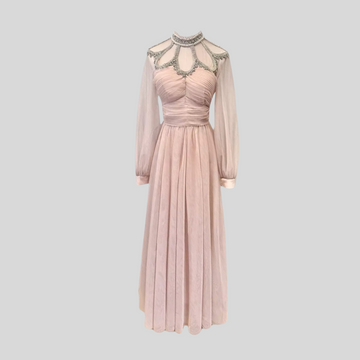 Elegant Dress With Long Sleeves, High Neckline And Ruched Bodice - Peach