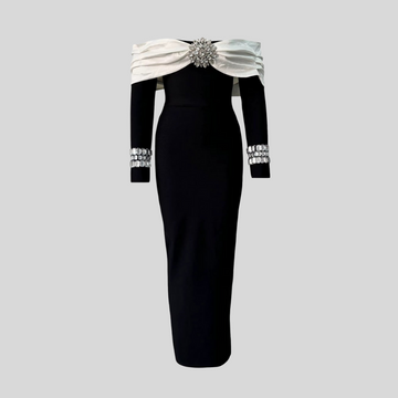 Elegant Off Shoulder Dress With Contrasting Bustier And Sparkling Embellishments - Black