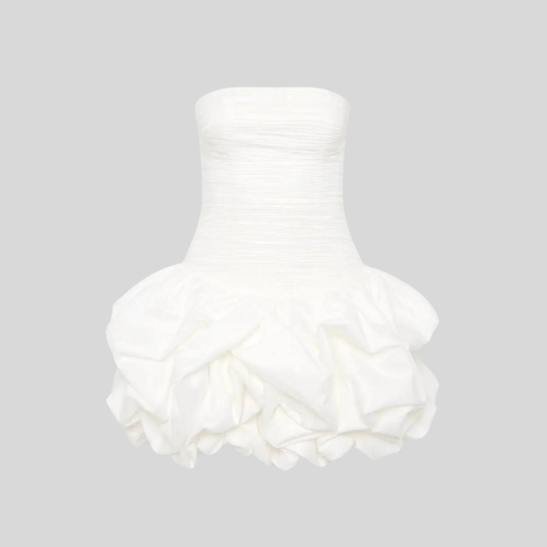 Mini Dress With Ruched Bodice And Voluminous Bubble Hem - White - Pink - White/Red