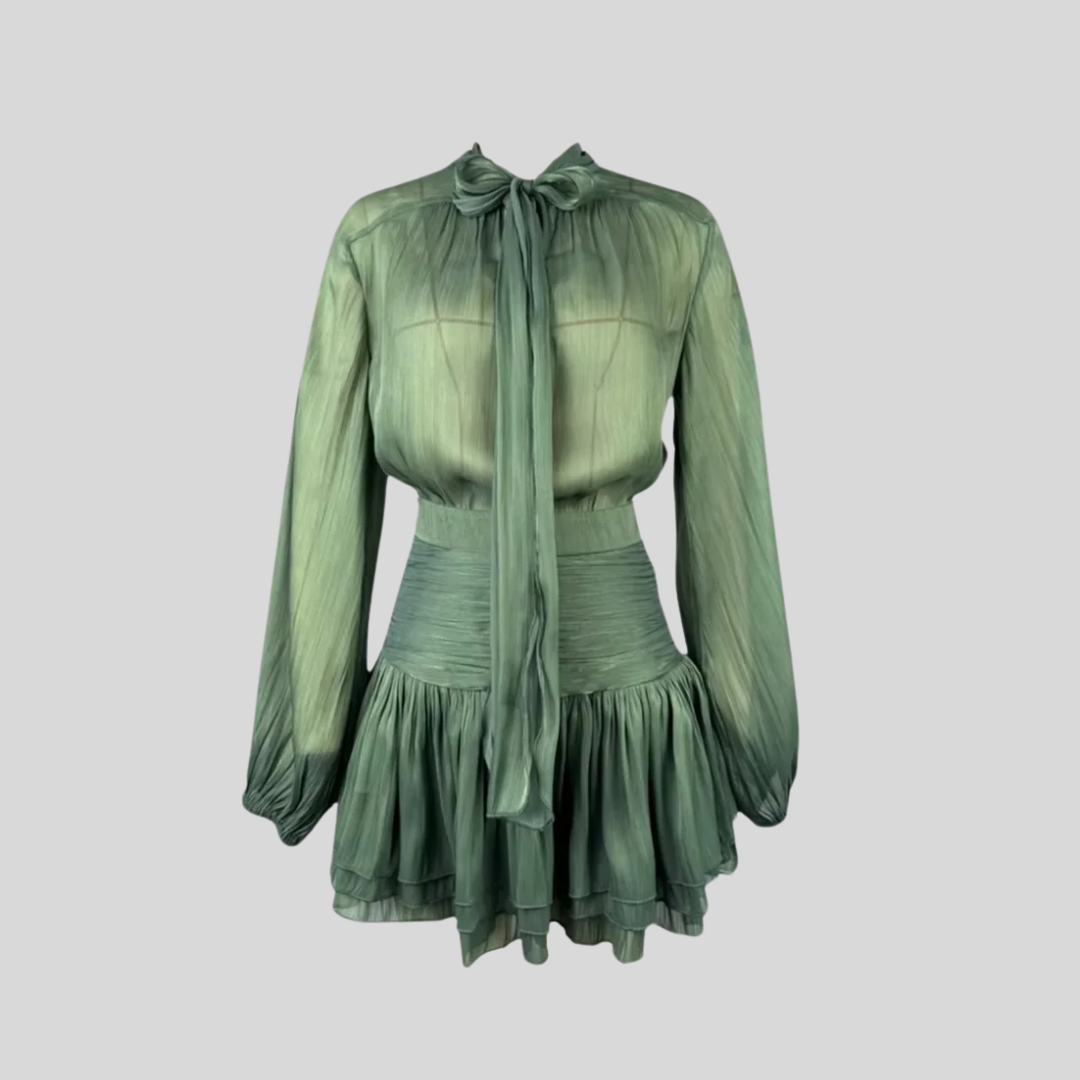 Pleated Dress With Long Sleeves, Cinched Waist And High Neckline - Green - Silver - Khaki