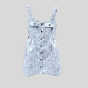 Textured Mini Dress With Fitted Bodice And Contrasting Buttons - Light Blue