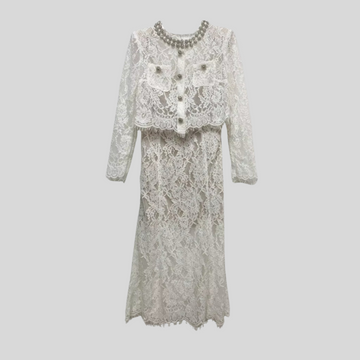 Lace Co-Ord With Sparkling Neckline Embellishments And Midi Skirt - White - Blue