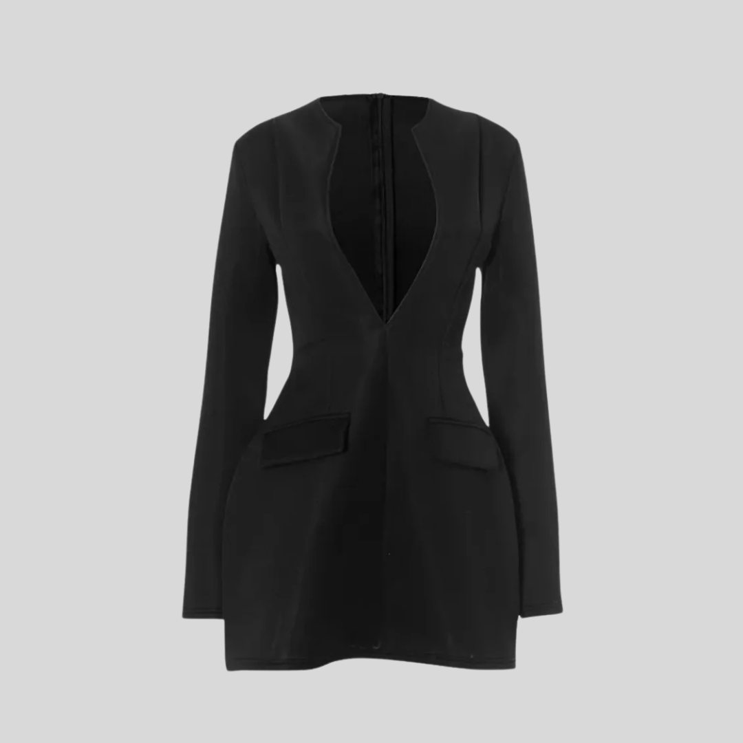 Long Sleeved Blazer Dress With Deep V-Neckline - Black - White