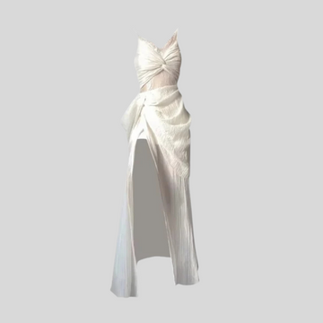 Elegant Sleeveless Gown With Intricate Pleated Design And High Slit - White