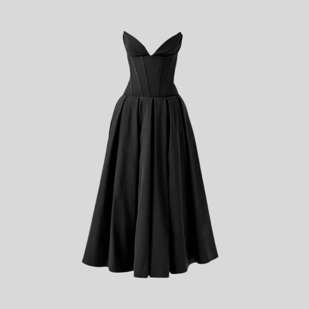 Sophisticated Strapless Midi Dress with Fitted Bodice - Black - Red