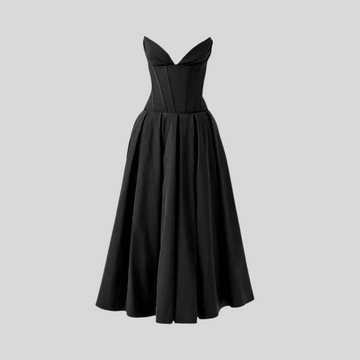 Sophisticated Strapless Midi Dress with Fitted Bodice - Black - Red