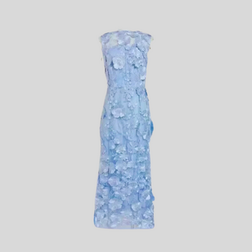 Sheer Dress With Fitted Waist And Floral Appliques - Light Blue