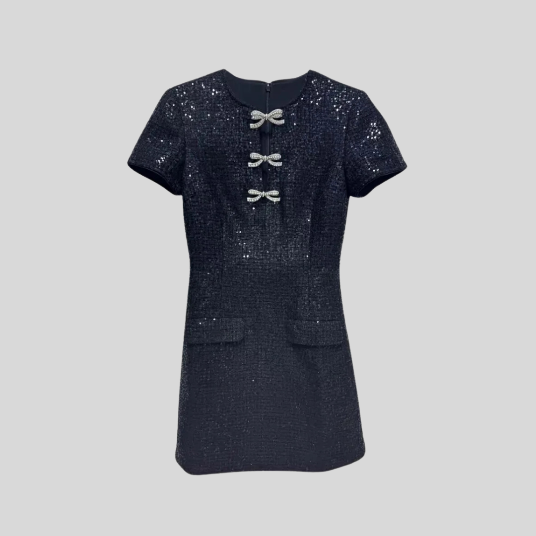 Short Sleeved Sequin Mini Dress With Sparkling Neckline Bows - Black