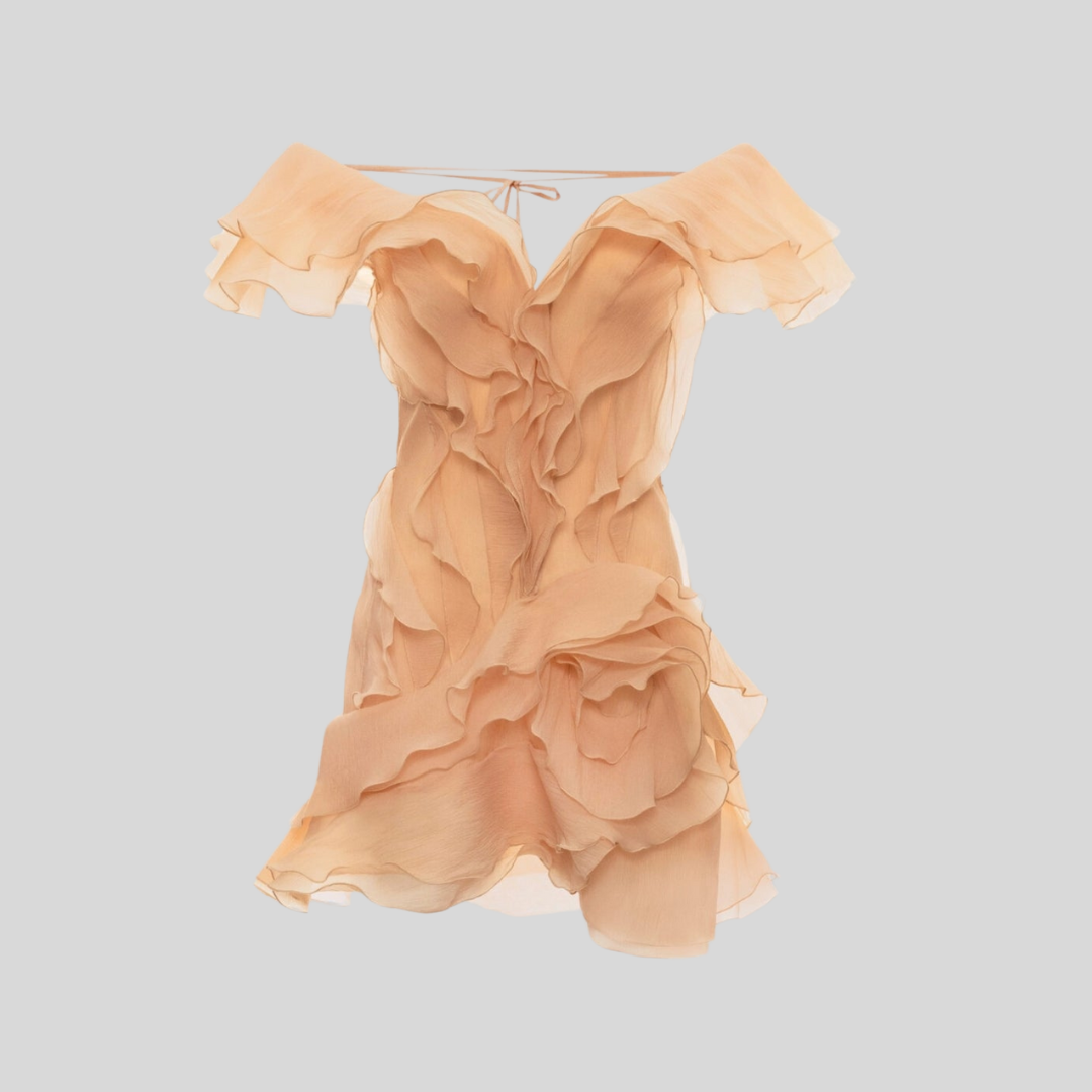 Layered Sheer Mini Dress With Ruffled Design - Beige