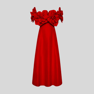 Off-Shoulder Midi Dress With Large Fabric Floral Accents - Red