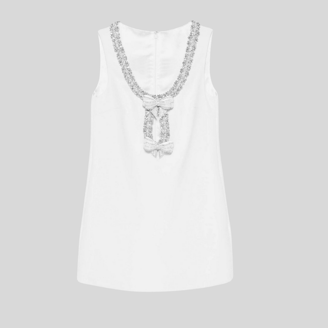 Sleeveless Mini Dress With Intricate Sparkling Neckline And Bow Embellishments - White - Ivory