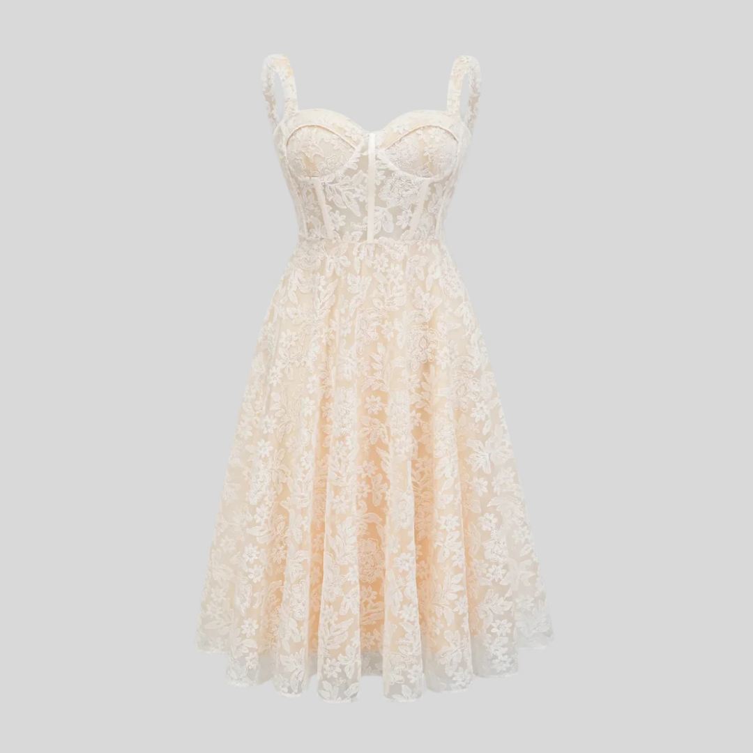 Elegant Lace Dress With Fitted Bodice And Delicate Floral Patterns - Ivory