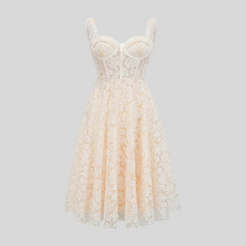 Elegant Lace Dress With Fitted Bodice And Delicate Floral Patterns - Ivory