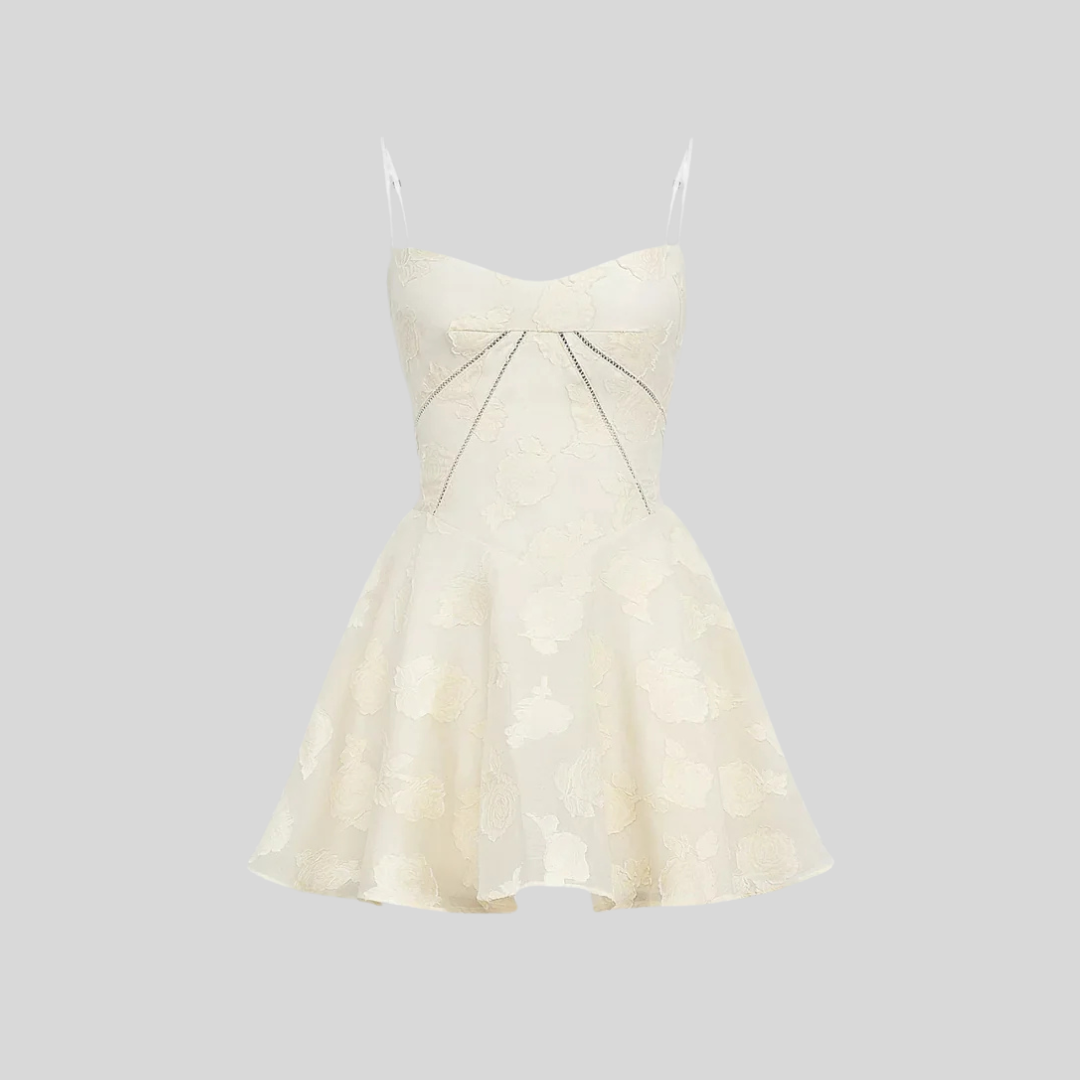 Mini Dress With Subtle Floral Pattern, Fitted Bodice And Flared Skirt - Ivory