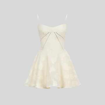 Mini Dress With Subtle Floral Pattern, Fitted Bodice And Flared Skirt - Ivory