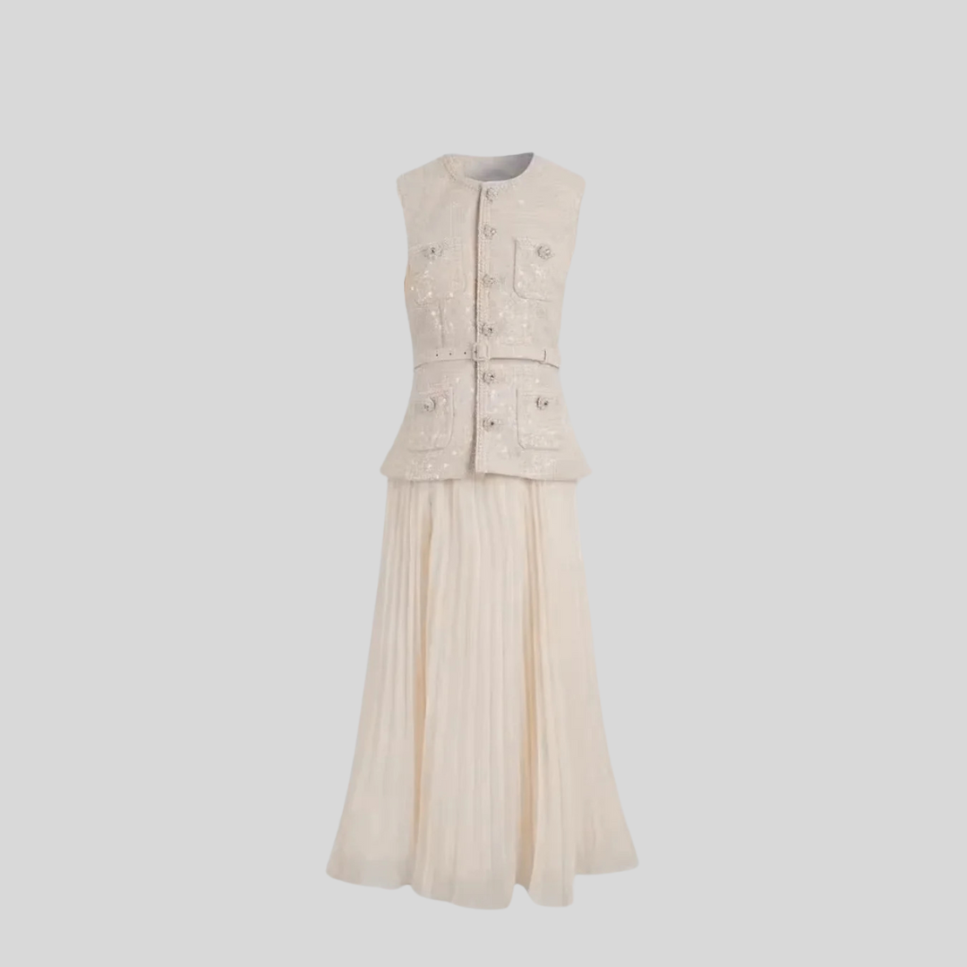 Textured Dress With Front Pockets And Sheer Pleated Skirt - Ivory