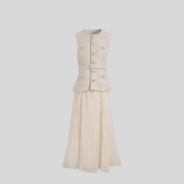 Textured Dress With Front Pockets And Sheer Pleated Skirt - Ivory
