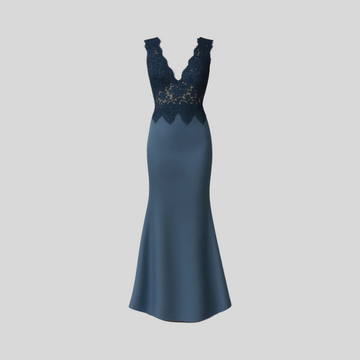 Elegant Sleeveless Evening Gown With Fitted Silhouette, Lace Detailing And Satin Skirt - Teal