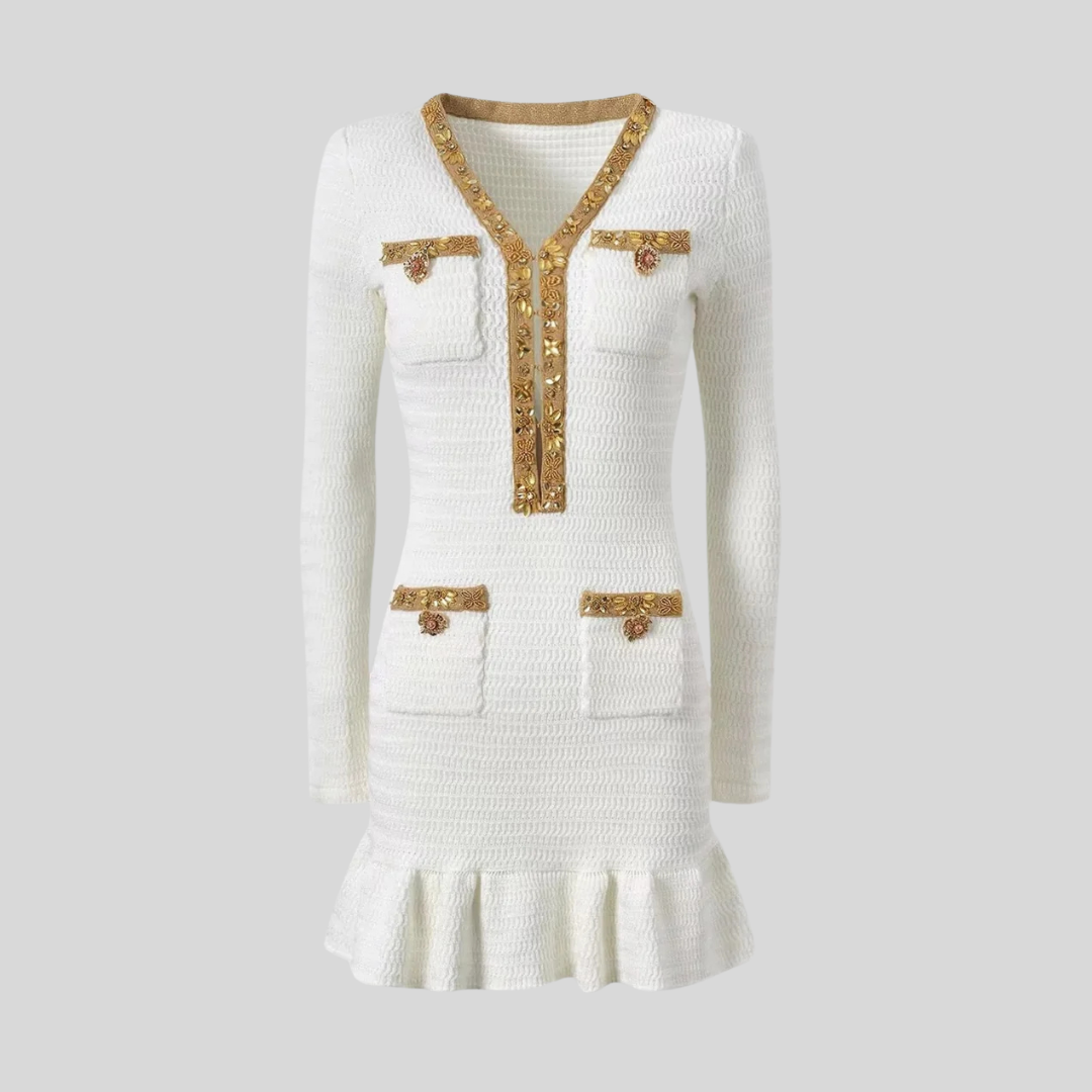 Textured Mini Dress With Long Sleeves And Gold Detailing - White - Black