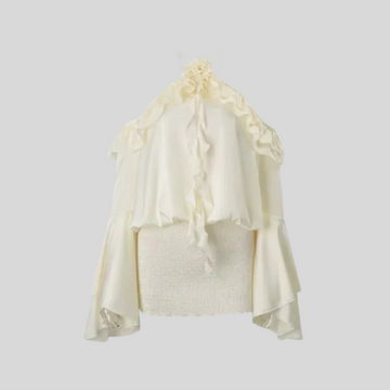 Elegant Dress With Ruffled Layers And Flared Sleeves - Ivory