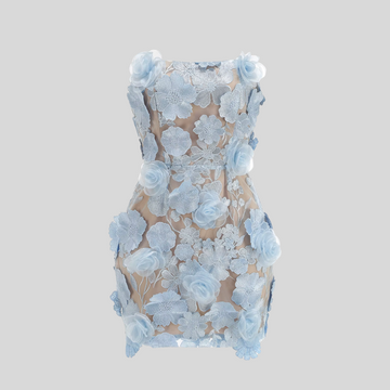 Elegant Flower Embroidery Dress - Sky Blue - Black
